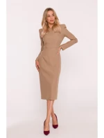 model 21319027 Tužkové šaty s ozdobnými rameny béžové - STYLOVE