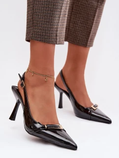 Lakované dámské sandály na podpatku se zlatou sponou Černé model 21997719 - Boto