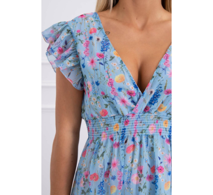 Kvetinové šaty s volánmi v azúrovej farbe