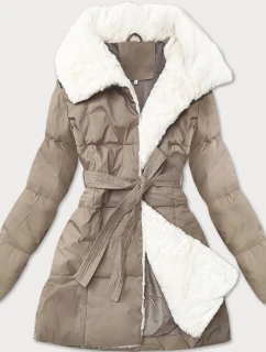 Svetlo béžová dámska bunda s kožušinovým lemom a stojacím golierom J Style (16M9165-62)