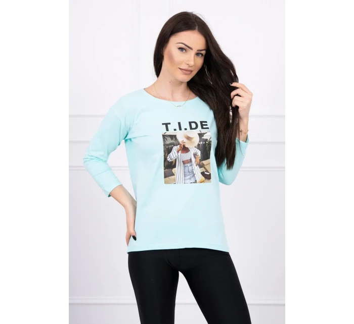 Halenka s potiskem model 18744210 v mátové barvě - K-Fashion Halenka s potiskem model 18744210 v mátové barvě - K-Fashion