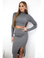 Žebrovaný komplet halenka + sukně šedý