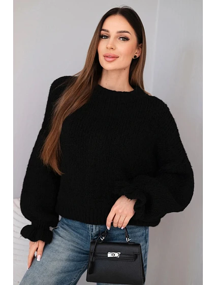 Dámský svetr s přídavkem mohairu s model 21857683 pletením a ozdobnými rukávy černý - K-Fashion Dámský svetr s přídavkem mohairu s model 21857683 pletením a ozdobnými rukávy černý - K-Fashion