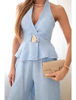 Dámský viskózový komplet model 22079427 top a kalhoty s širokými nohavicemi modrý - K-Fashion Dámský viskózový komplet model 22079427 top a kalhoty s širokými nohavicemi modrý - K-Fashion