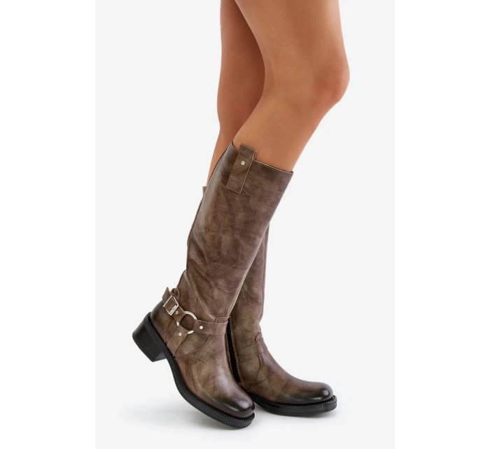 Zazoo 70141 Skórzane Kozaki Damskie Przed Kolano Brązowe