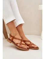 Skórzane Płaskie Sandały Z Przeplatającymi Się Paseczkami Zazoo 40429 Brązowe