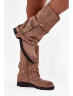 Kozaki Damskie Z Wywiniętą Cholewką Do Połowy Łydki Z Klamrą Khaki Minelle Kozaki Damskie Z Wywiniętą Cholewką Do Połowy Łydki Z Klamrą Khaki Minelle