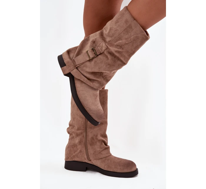 Kozaki Damskie Z Wywiniętą Cholewką Do Połowy Łydki Z Klamrą Khaki Minelle Kozaki Damskie Z Wywiniętą Cholewką Do Połowy Łydki Z Klamrą Khaki Minelle