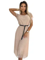 Béžové dámské plisované midi šaty s černým opaskem model 20162133 - numoco basic