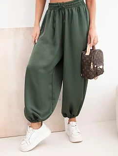Dámske široké nohavice s elastickým pásom a khaki viazankou