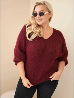 Dámský svetr Plus Size s výstřihem do V a širokým rukávem bordó