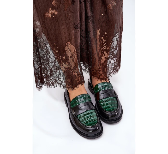 Lakierowane Skórzane Mokasyny Damskie Vinceza 91125 Zielono-Czarne