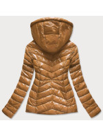 Krátka prešívaná dámska bunda v horčicovej farbe s kapucňou (CAN-333)