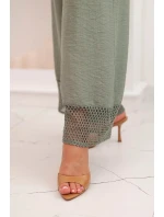 Dámská souprava z viskózy, top na model 21193178 ramínkách a kalhoty s širokými nohavicemi khaki - K-Fashion