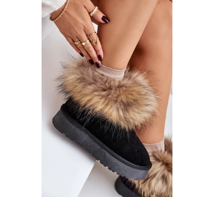 Skórzane Śniegowce Na Platformie Z Futerkiem Czarne Avirisa