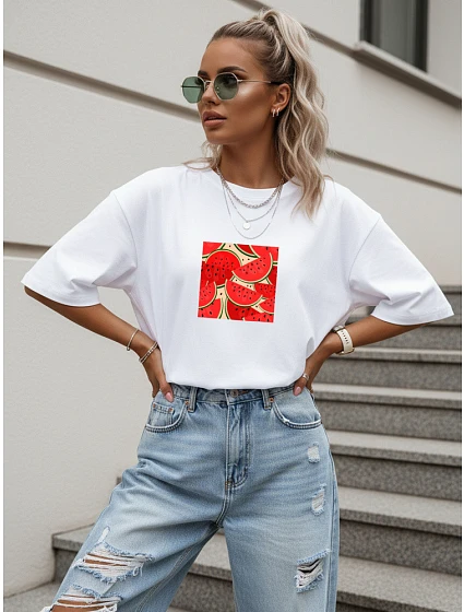 Koszulka damska oversize z nadrukiem bawełniana biała model 22264289 - FashionStreet