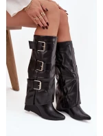 Dámské kozačky na platformě s ohnutým horním lemem a stříbrnými přezkami Černé Sarisse