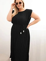 Dámske plus size viskózové plisované šaty s viazaním čierne