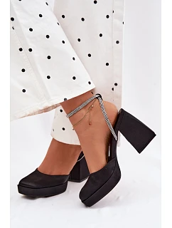 Dámské sandály na masivním podpatku ve tvaru sloupku s páskem se štrasem Černé Seraphina