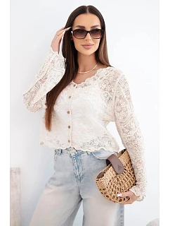 Dámsky bavlnený čipkovaný sveter s dlhými rukávmi béžovej farby