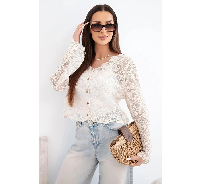 Dámsky bavlnený čipkovaný sveter s dlhými rukávmi béžovej farby