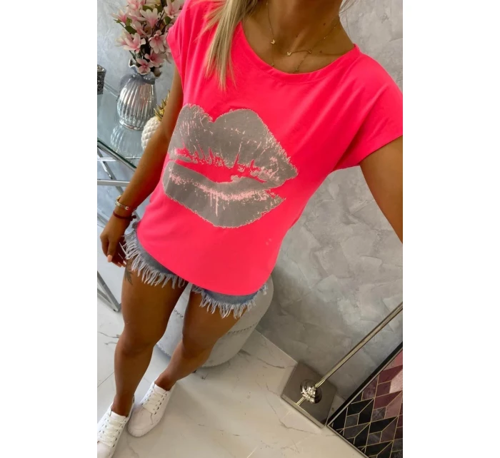 Blúzka s potlačou pier ružová neónová