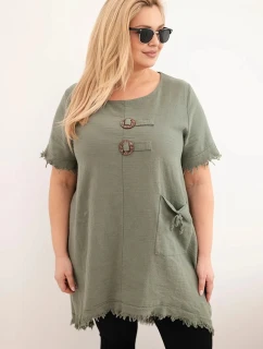 Bavlněné dámské šaty Plus Size s prodlouženým zadním dílem a kapsou khaki