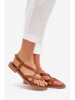 Skórzane Płaskie Sandały Z Przeplatającymi Się Paseczkami Zazoo 40429 Brązowe