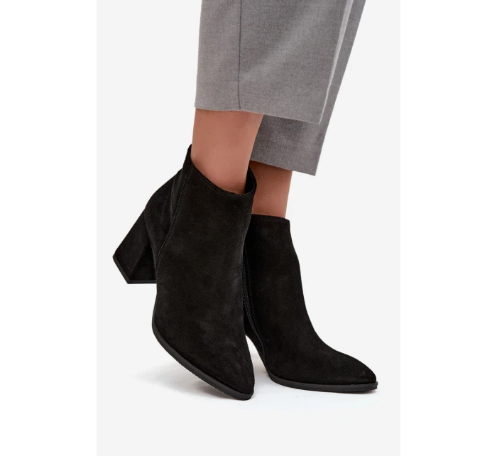 Botki Z Naturalnego Zamszu Obcas Słupek Ocieplane Czarne Zazoo 3128