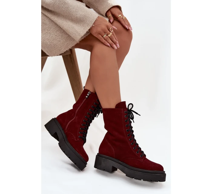 Botki Workery Damskie Z Naturalnego Zamsz Ocieplane Zazoo 4213 Bordowe