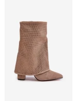 Zdobione Błyszczące Botki Z Wywiniętą Cholewką Na Słupku Ocieplane Beżowe Xistaria