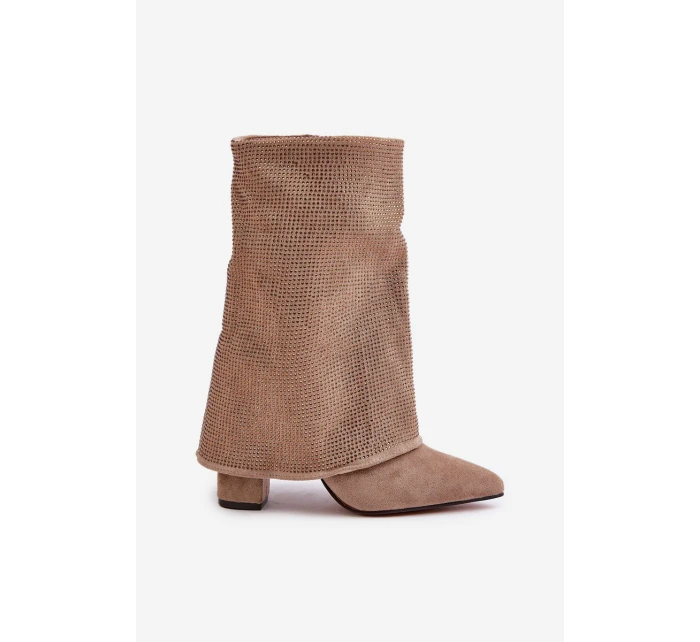 Zdobione Błyszczące Botki Z Wywiniętą Cholewką Na Słupku Ocieplane Beżowe Xistaria