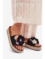 Klapki Damskie Z Kwiatami Platforma Z Plecionką Czarne Zenvanis Klapki Damskie Z Kwiatami Platforma Z Plecionką Czarne Zenvanis