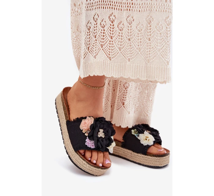 Klapki Damskie Z Kwiatami Platforma Z Plecionką Czarne Zenvanis Klapki Damskie Z Kwiatami Platforma Z Plecionką Czarne Zenvanis