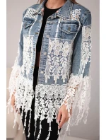 Dámska džínsová bunda z bavlny s čipkou a strapcami tmavý denim