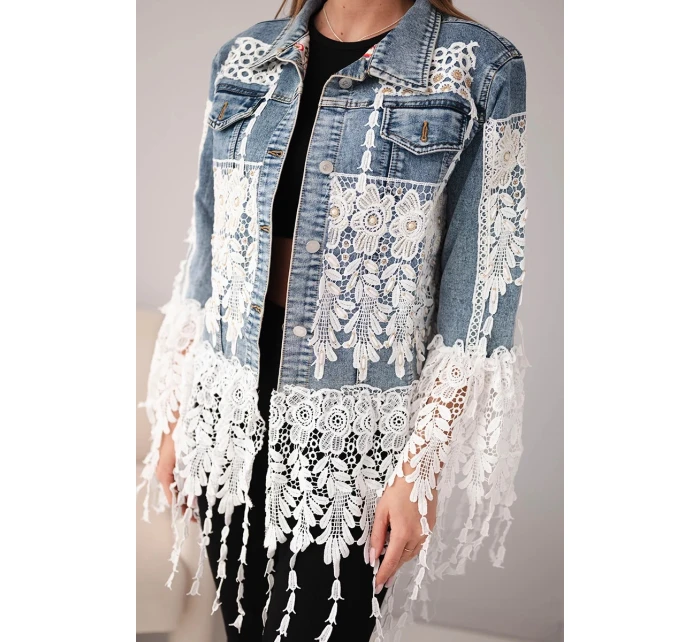 Dámska džínsová bunda z bavlny s čipkou a strapcami tmavý denim