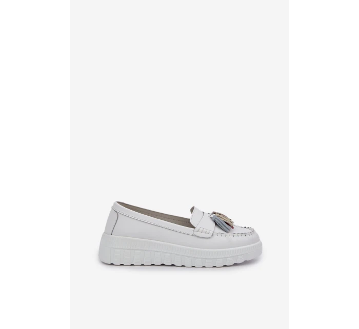 Skórzane Mokasyny Damskie Z Frędzlami Na Platformie I Koturnie Białe Eleazetta Skórzane Mokasyny Damskie Z Frędzlami Na Platformie I Koturnie Białe Eleazetta
