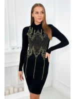 Pletené šaty so vzorom zlatej kubickej zirkónie čierny
