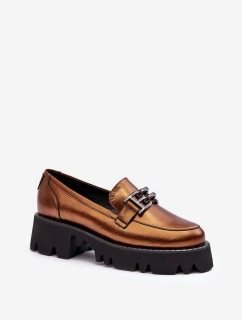 Damskie Skórzane Półbuty Loafersy Z Ozdobą Laura Messi 2699 Złote