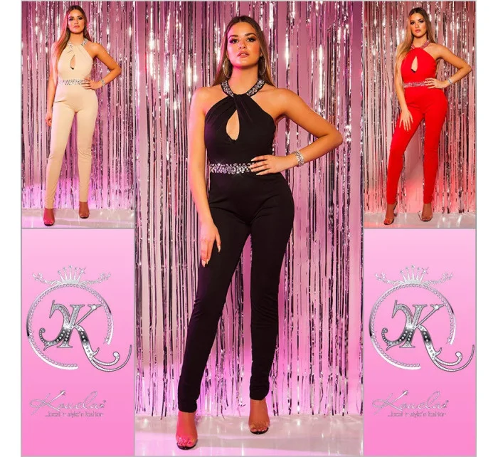 Dámsky sexy overal s rafinovaným výstrihom OV18844 Béžová s kamienkami - Koucla