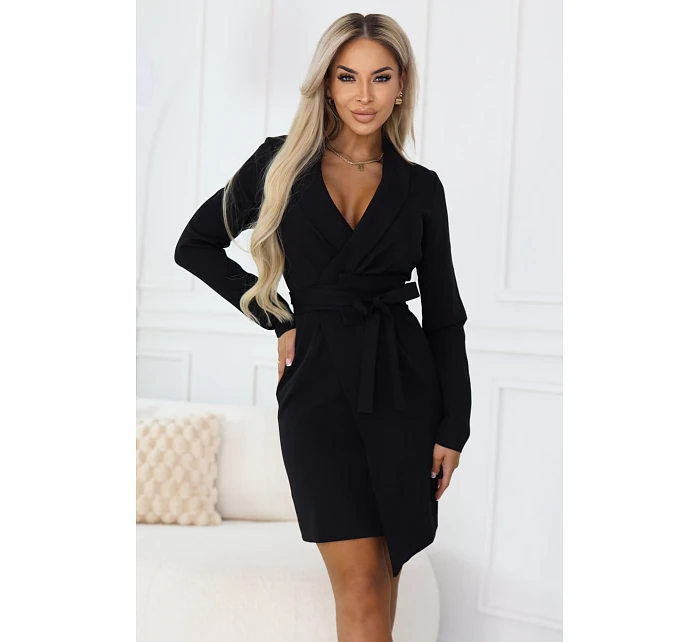 model 22040379 Elegantní tmavě modré šaty s páskem a asymetrickým spodním dílem černé - numoco