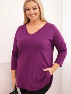 Dámska bavlnená blúzka nadmernej veľkosti s výstrihom do V a otočenými rukávmi tmavo fialová