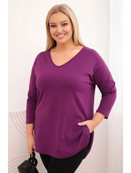 Dámská bavlněná blůza Plus Size s výstřihem do V a ohrnutým rukávem tmavě fialová Dámská bavlněná blůza Plus Size s výstřihem do V a ohrnutým rukávem tmavě fialová