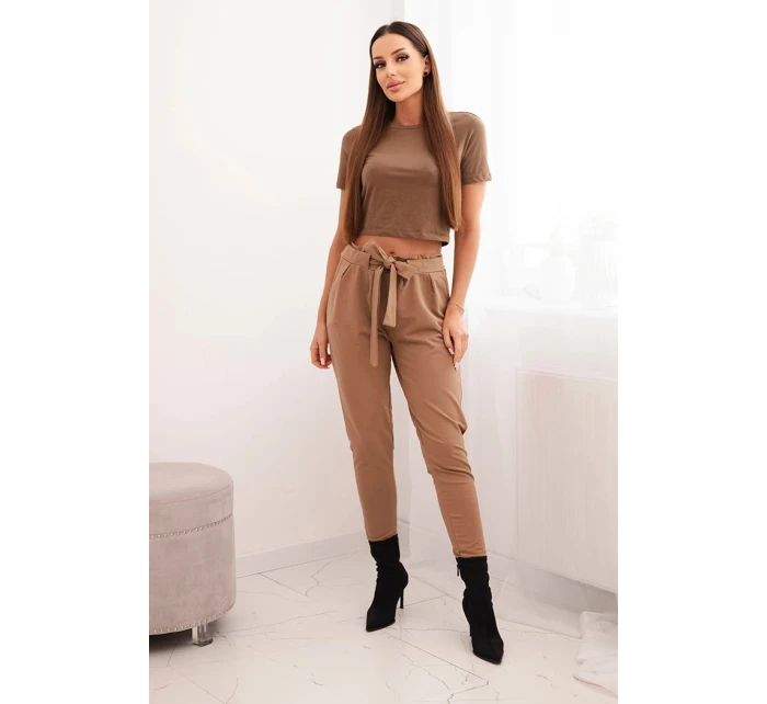 Dámské kalhoty z bavlny s vázáním v pase a nohavicemi model 21768704 - K-Fashion