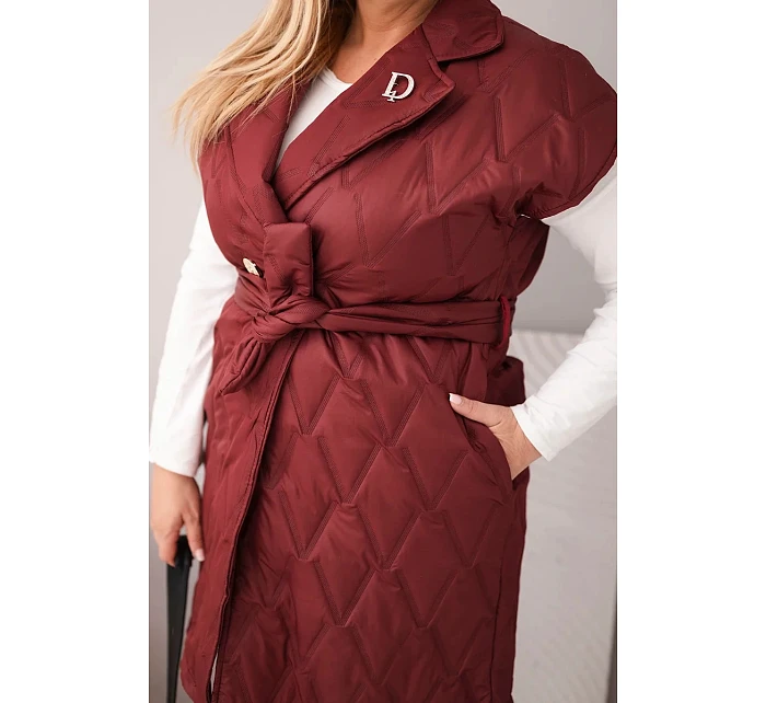 Dámska prešívaná vesta s opaskom a golierom Plus Size Plum