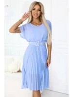 465-4 MIA Plisované šifónové midi šaty so širokým opaskom - MODRÉ 465-4 MIA Plisované šifónové midi šaty so širokým opaskom - MODRÉ