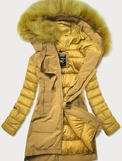 Žltá dámska zimná bunda z rôznych spojených materiálov (7708)