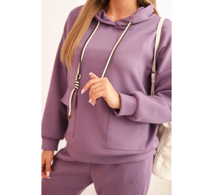 Komplet dámský máslový mikina s kapucí a kalhoty s páskem fialový