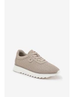 Skórzane Buty Sportowe Na Platformie Z Brokatem D&A LR51-629 Beżowe