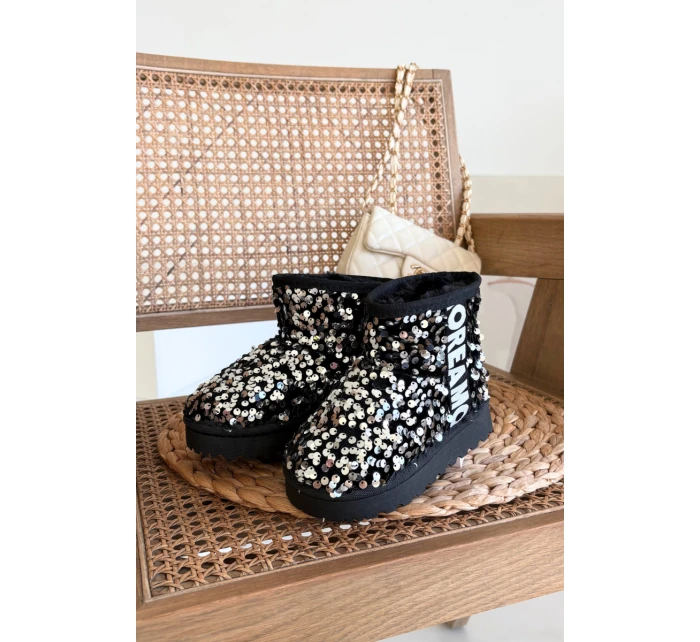 Dziecięce Śniegowce Botki Ocieplane Z Cekinami Czarno-Srebrne Rebbica